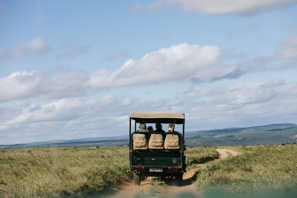 Faceless tourist riding on car through meadow