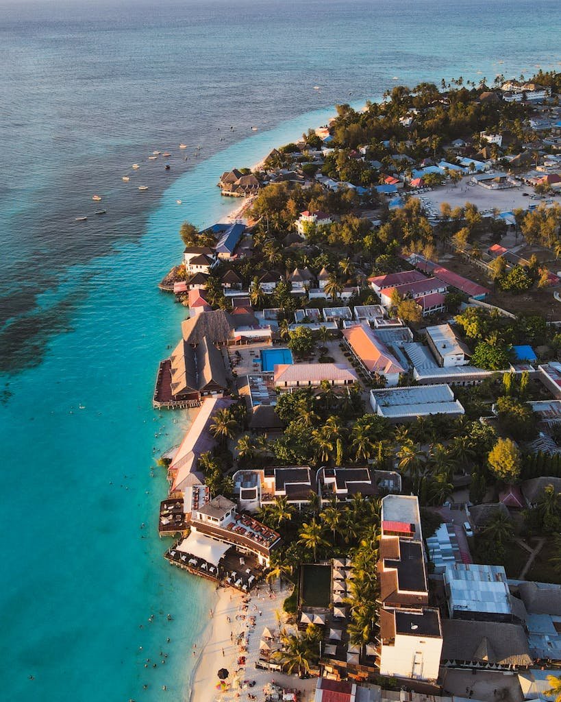 Aerial View of Town Near the Ocean